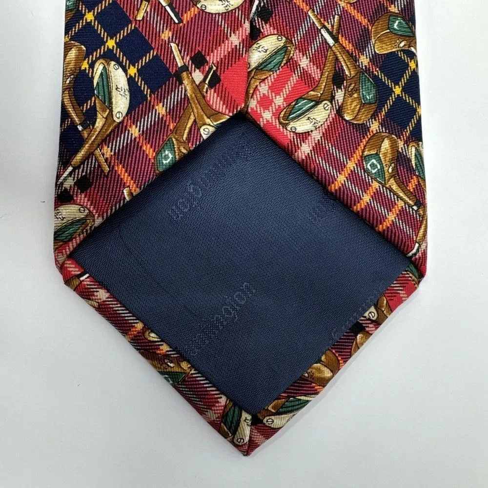 VTG Huntington Necktie‎ 100% Silk Golf Club Red Blue Plaid USA Made 3.75